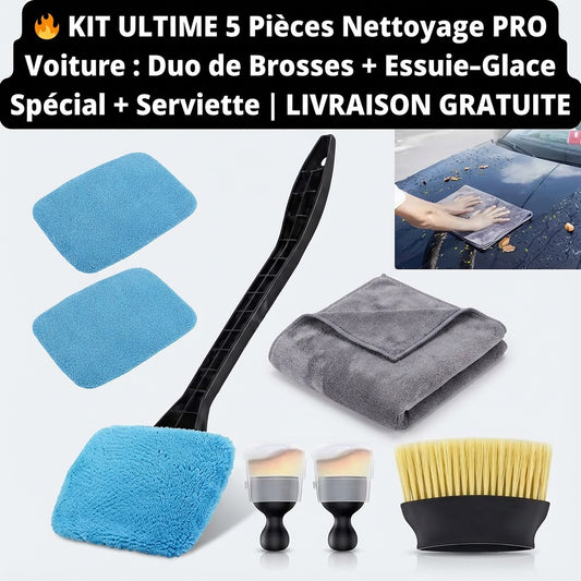 🔥 KIT ULTIME 5 Pièces Nettoyage PRO Voiture : Duo de Brosses + Essuie-Glace Spécial + Serviette | LIVRAISON GRATUITE